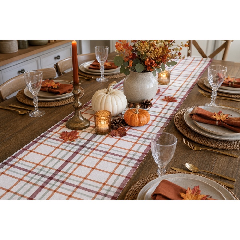 Fall Plaid Table Runner Autumn Thanksgiving Disposable Paper Tablescape Cozy NWT